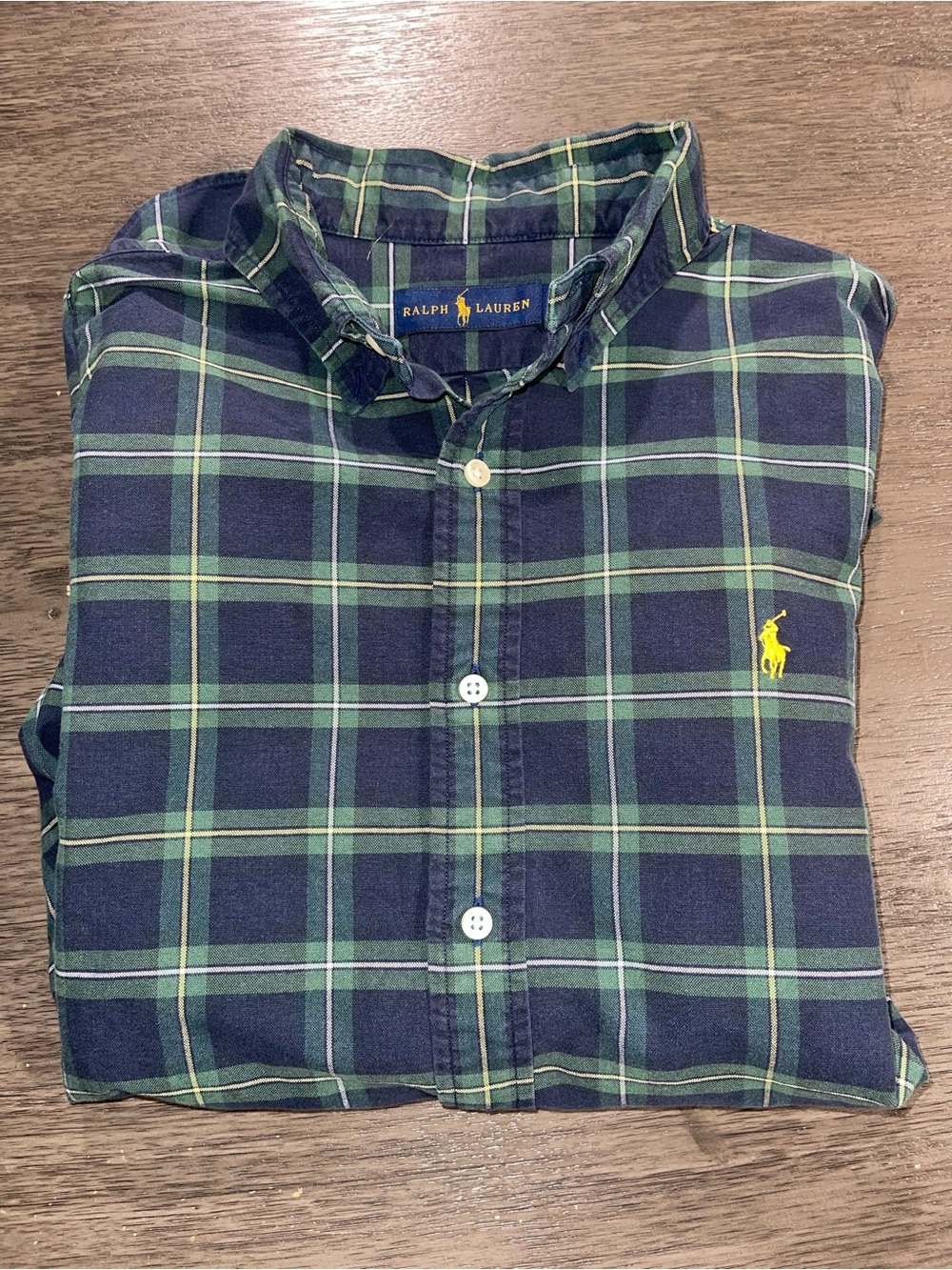 Ralph Lauren Men's Sz L Blue And Green Checked Long Sleeve Button Up Yellow Pony
